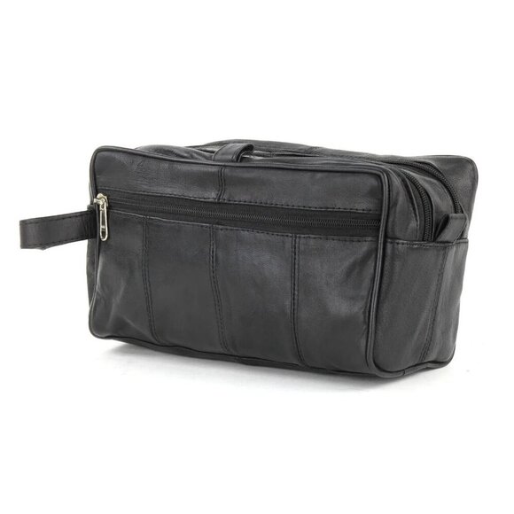 Men's Genuine Leather Double Zipper Top Shaving Kit Toiletry Travel Case Black - Picture 3 of 6